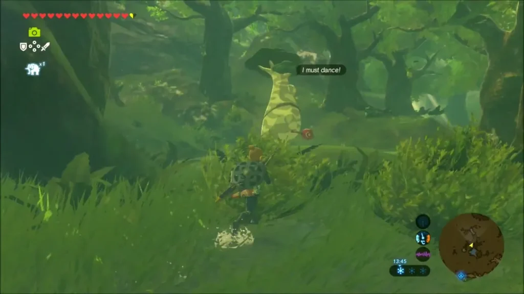 Link approaching a dancing Korok in the forest before Maag Halan Shrine Link approaching a dancing Korok in the forest before Maag Halan Shrine