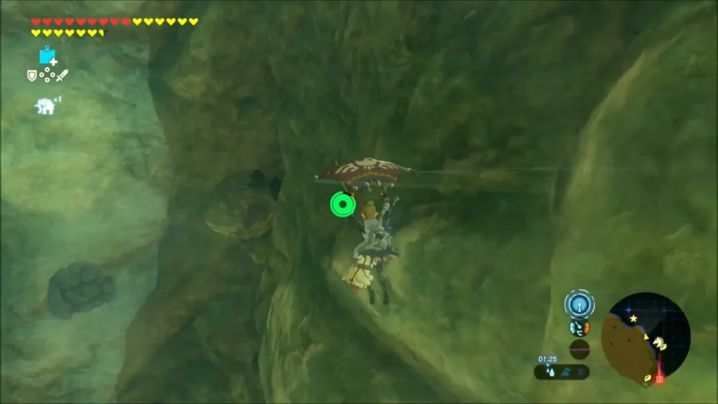 Link gliding down the cliff toward the cracked boulders near Maag No'rah Shrine Link gliding down the cliff toward the cracked boulders near Maag No'rah Shrine
