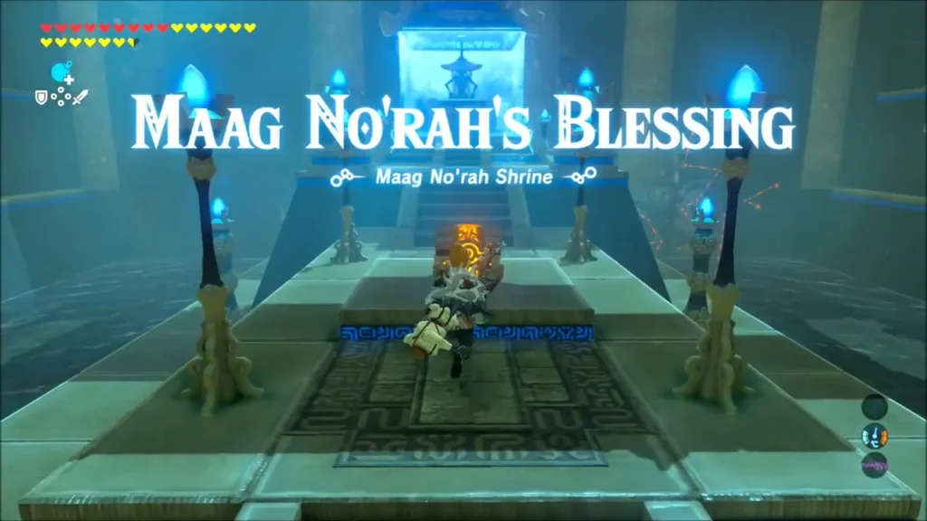 Link approaching the chest inside the shrine with the Maag No'rah's Blessing title Link approaching the chest inside the shrine with the Maag No'rah's Blessing title