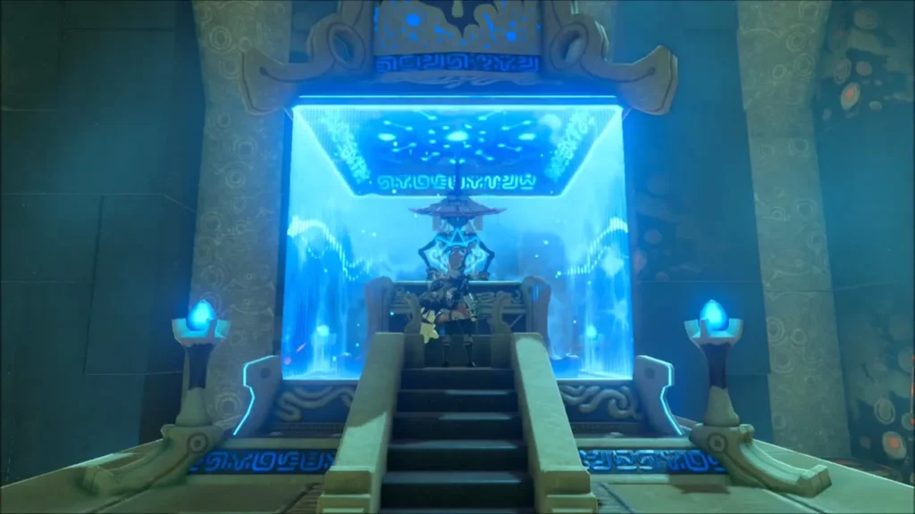 Link climbing the stairs to monk Maag No'rah in the glowing chamber Link climbing the stairs to monk Maag No'rah in the glowing chamber