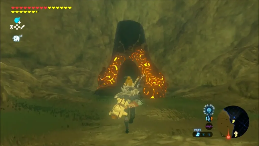 Link running up to the glowing orange Maag No'rah Shrine entrance Link running up to the glowing orange Maag No'rah Shrine entrance