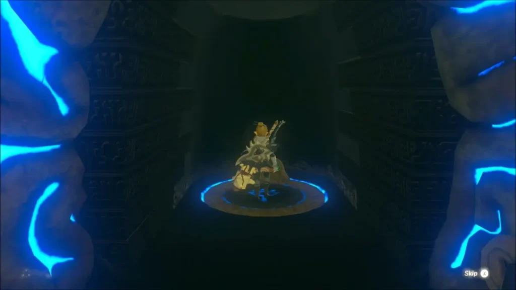 Link on the blue glowing platform inside the shrine Link on the blue glowing platform inside the shrine