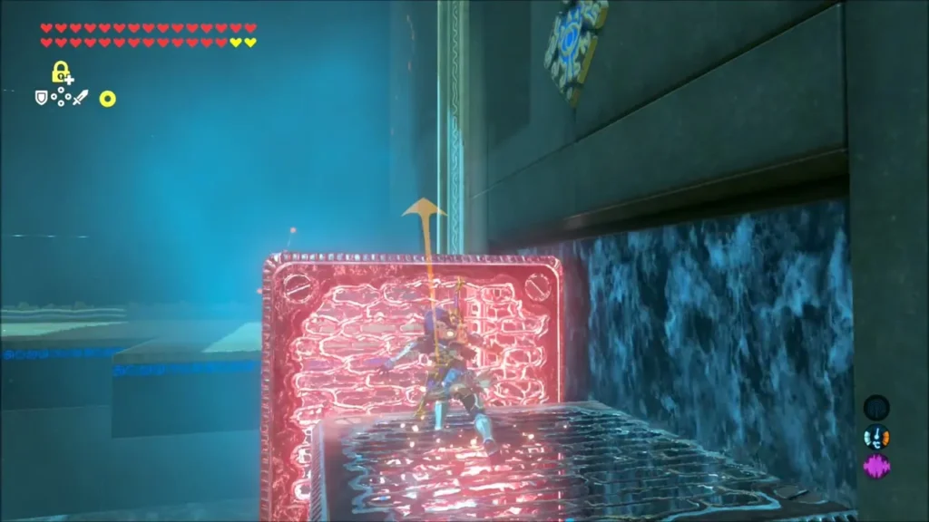 Link standing on the left box beside a red Stasis-frozen box Link standing on the left box beside a red Stasis-frozen box