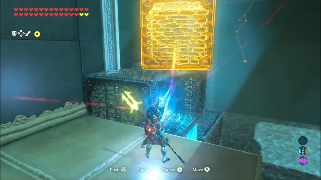 Link moving a glowing box beside a metal box on the platform Link moving a glowing box beside a metal box on the platform
