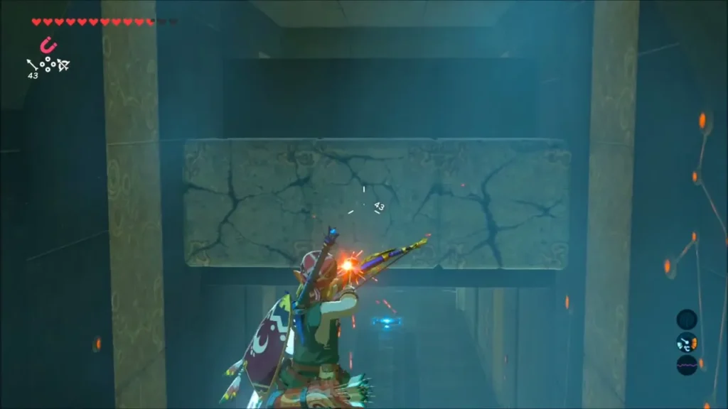 Link aiming a bomb arrow at cracked breakable blocks Link aiming a bomb arrow at cracked breakable blocks