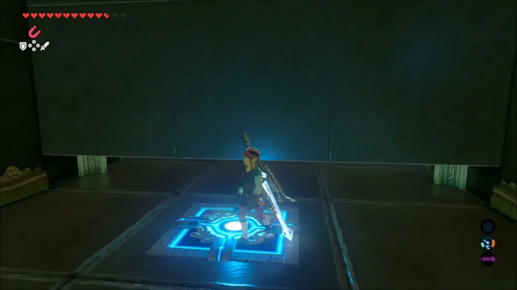 Link standing on a glowing floor switch before a closed door Link standing on a glowing floor switch before a closed door