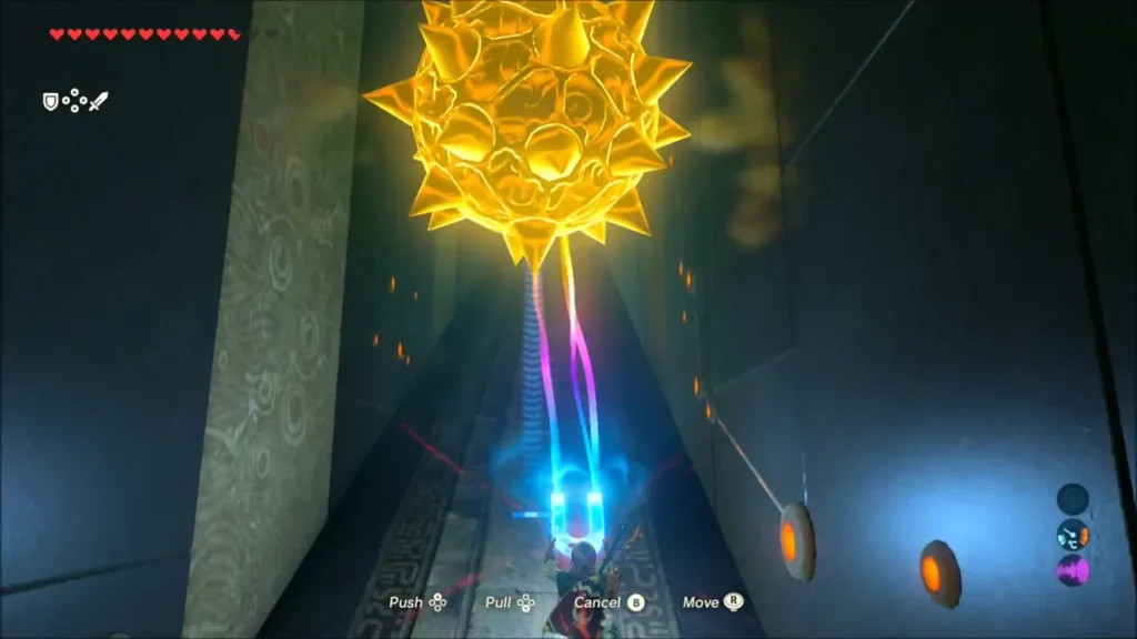 Link moving a spiked ball up a long corridor with Magnesis Link moving a spiked ball up a long corridor with Magnesis