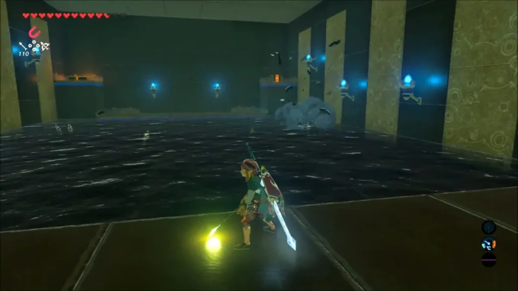 Link at the edge of a dark water room where Guardian Scouts wait in Maka Rah Shrine Link at the edge of a dark water room where Guardian Scouts wait in Maka Rah Shrine