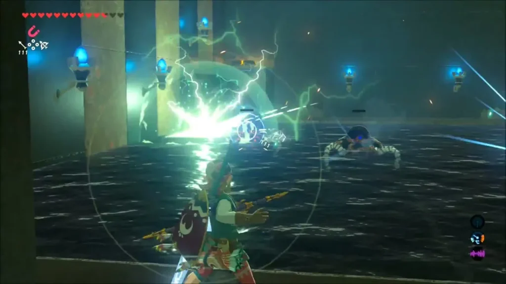 Link fighting Guardian Scouts with a shield over dark water Link fighting Guardian Scouts with a shield over dark water