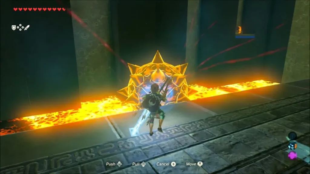 Link holding a spike ball with Magnesis beside a lava channel in Maka Rah Shrine Link holding a spike ball with Magnesis beside a lava channel in Maka Rah Shrine