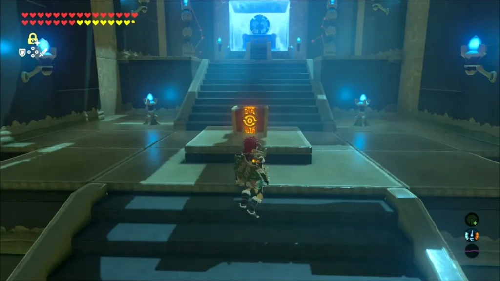 Link approaching the glowing chest on the dais at the end of Mijah Rokee Shrine Link approaching the glowing chest on the dais at the end of Mijah Rokee Shrine