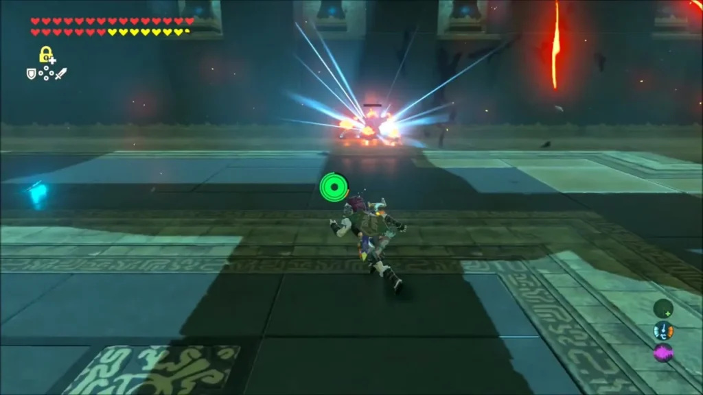 Link dodging toward the Guardian Scout as it charges its lasers Link dodging toward the Guardian Scout as it charges its lasers