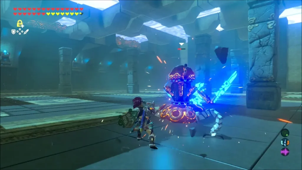 Link slashing the stasis-struck Guardian Scout with sparks flying Link slashing the stasis-struck Guardian Scout with sparks flying