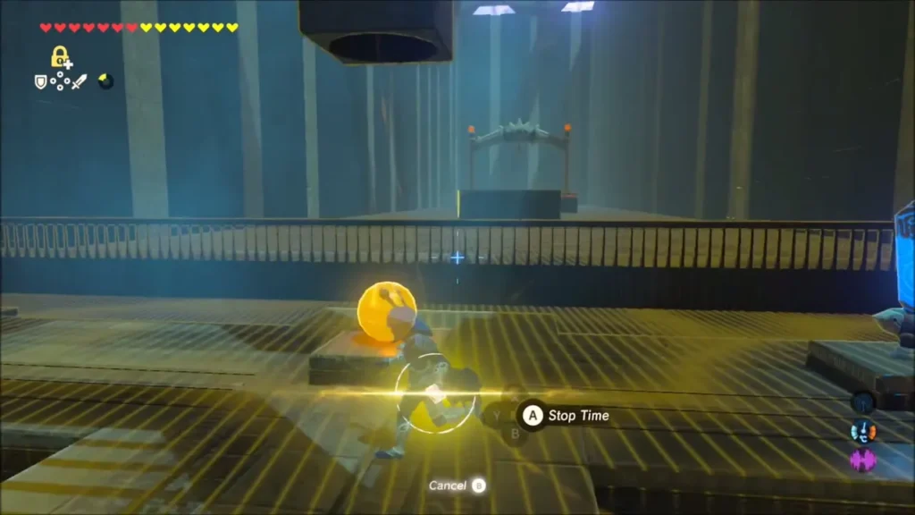 Link freezing the ball with Stasis, Stop Time prompt shown Link freezing the ball with Stasis, Stop Time prompt shown
