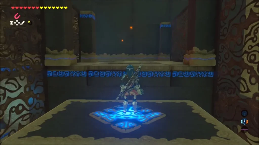 Link standing on the glowing lift pad inside Mirro Shaz Shrine Link standing on the glowing lift pad inside Mirro Shaz Shrine