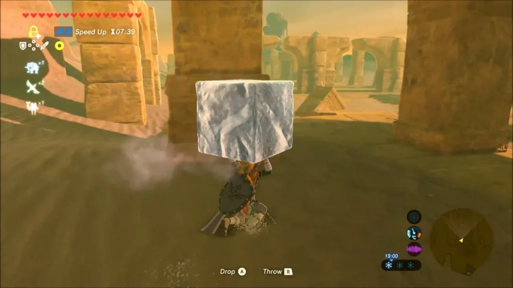 Link carrying the ice block through the sunlit ruins