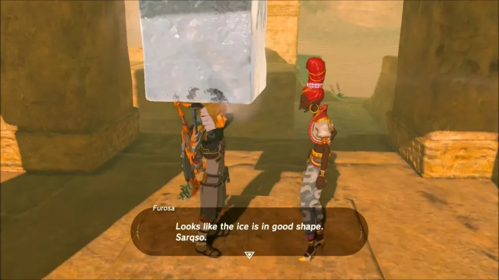 Link handing the ice block to Furosa at the end of the ruins
