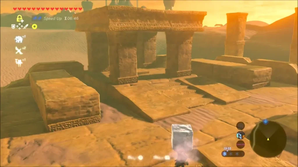 Link carrying the ice block toward a stone gateway in the ruins