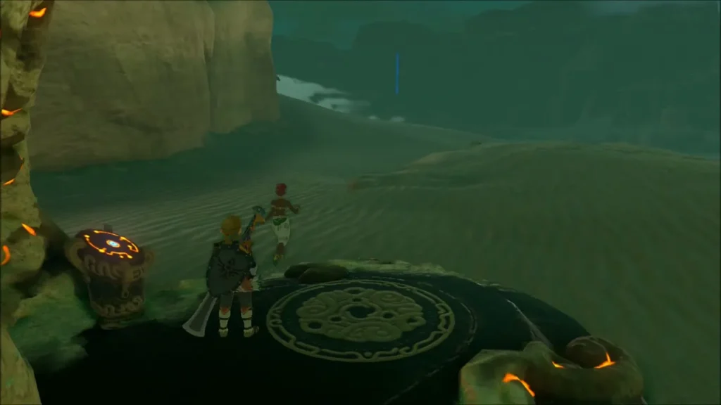 Pokki running off toward town as the shrine terminal glows beside Link