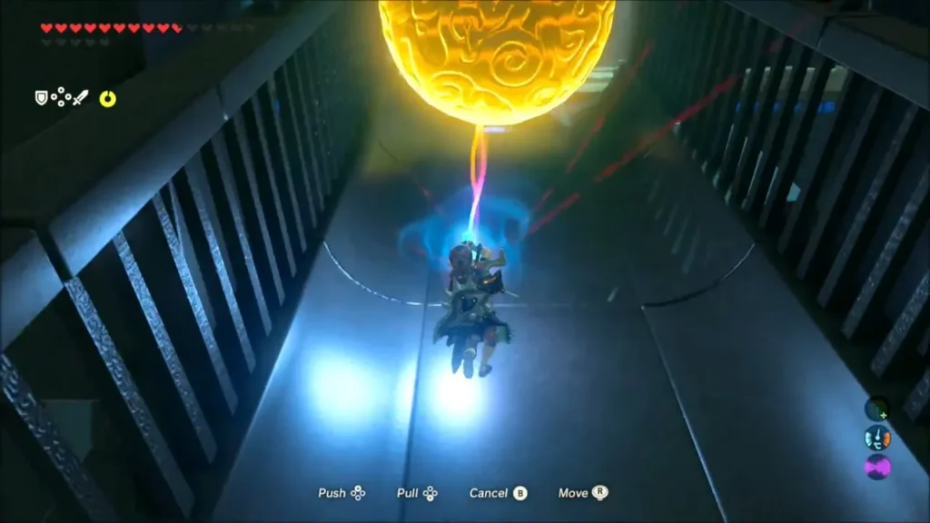 Link on the walkway holding the metal boulder aloft with Magnesis Link on the walkway holding the metal boulder aloft with Magnesis