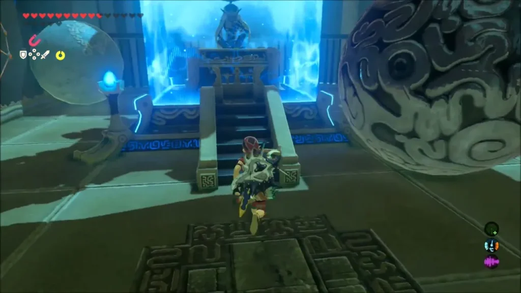 Link climbing the stairs toward Mo'a Keet with a boulder beside Link climbing the stairs toward Mo'a Keet with a boulder beside