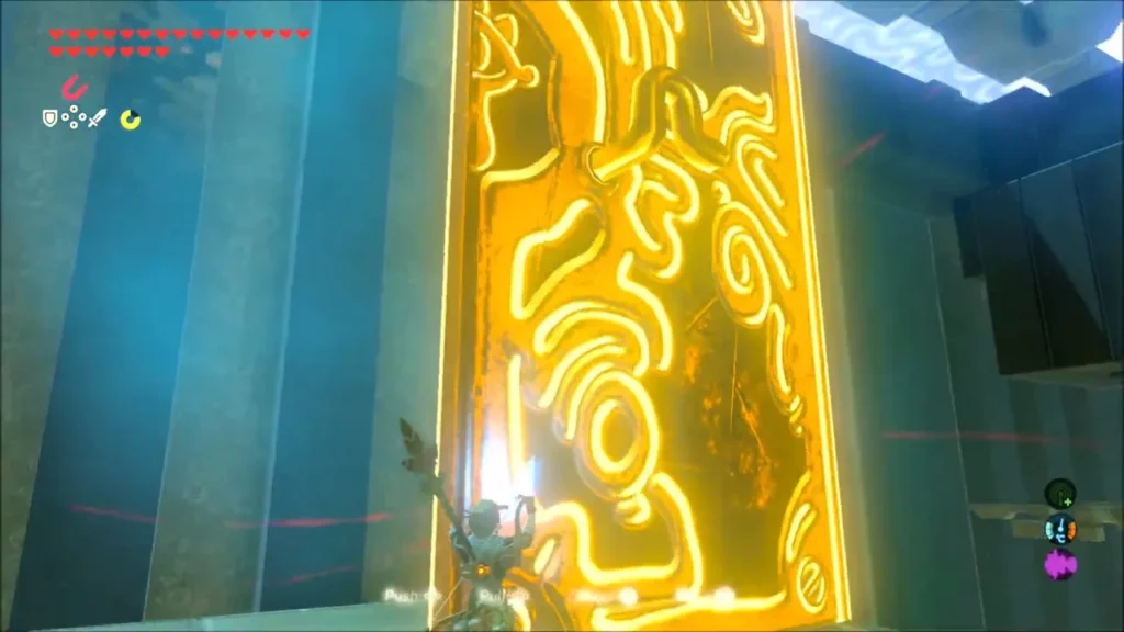 Glowing door slab being pulled open with Magnesis in Mogg Latan Shrine Glowing door slab being pulled open with Magnesis in Mogg Latan Shrine
