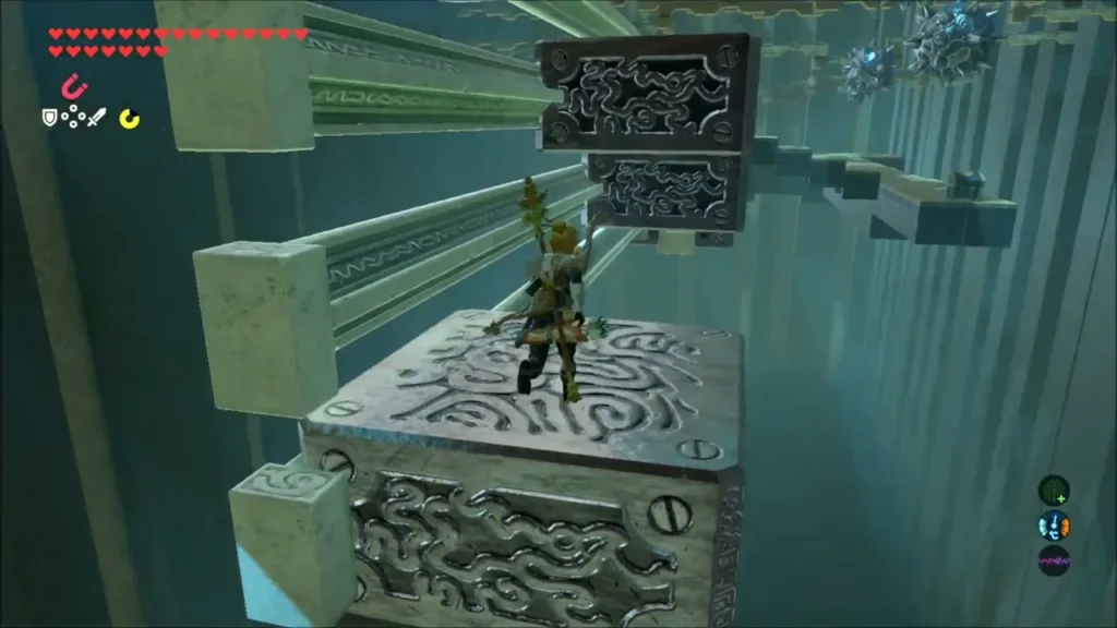 Link standing on a metal platform reaching the ledge Link standing on a metal platform reaching the ledge