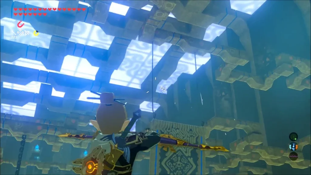 Link drawing a bow to shoot at the ceiling beams Link drawing a bow to shoot at the ceiling beams