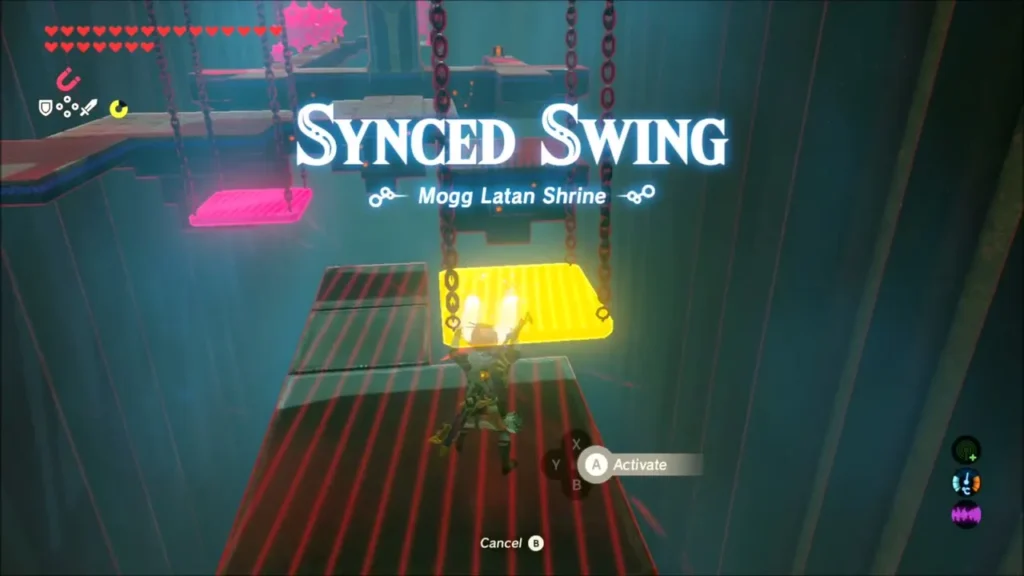 Link on the first ledge facing a glowing swing in Mogg Latan Shrine Link on the first ledge facing a glowing swing in Mogg Latan Shrine