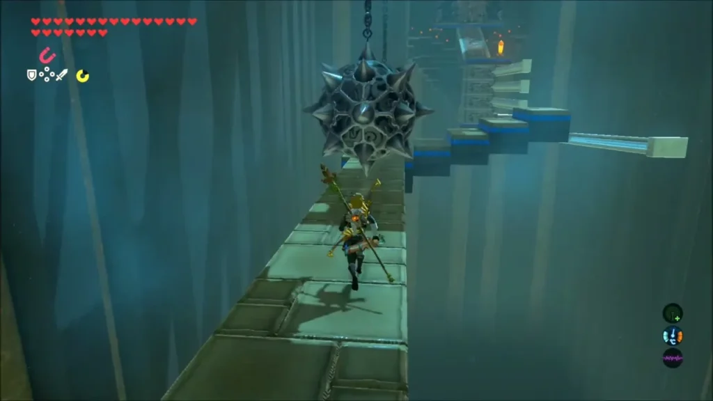 Link running along the walkway under a hanging spiked ball Link running along the walkway under a hanging spiked ball