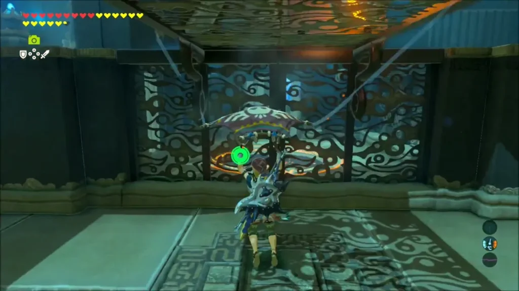 Link with the Paraglider open inside the shrine chamber Link with the Paraglider open inside the shrine chamber
