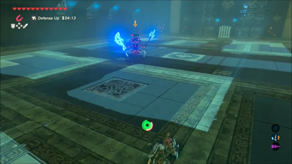 Link targeting a metal floor slab with Magnesis while the Scout charges
