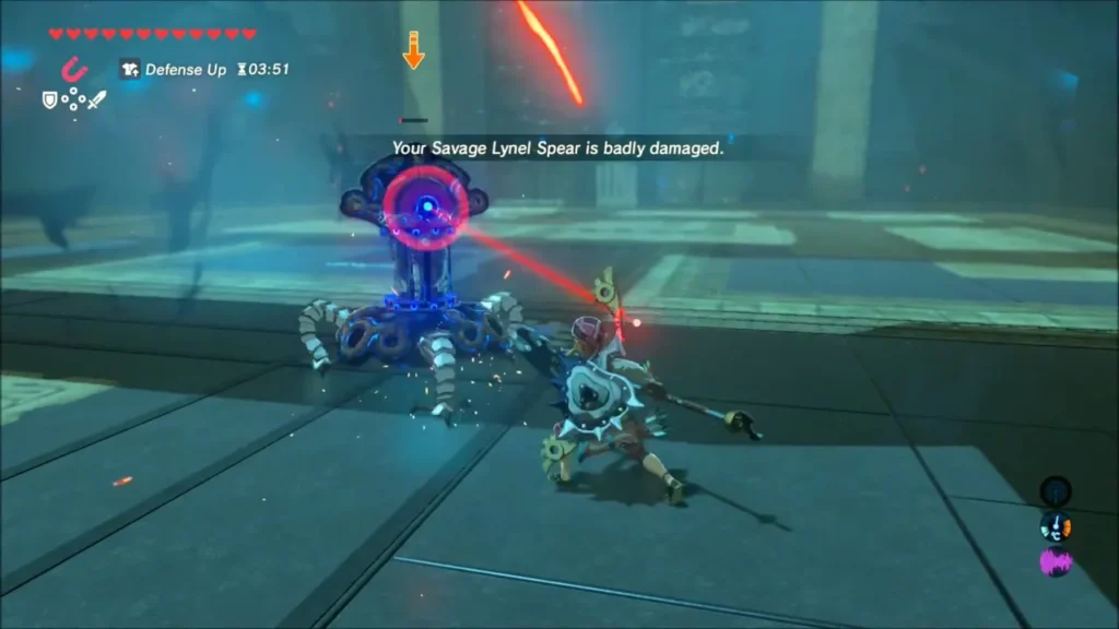 Link crouched near the Scout as its red laser sweeps