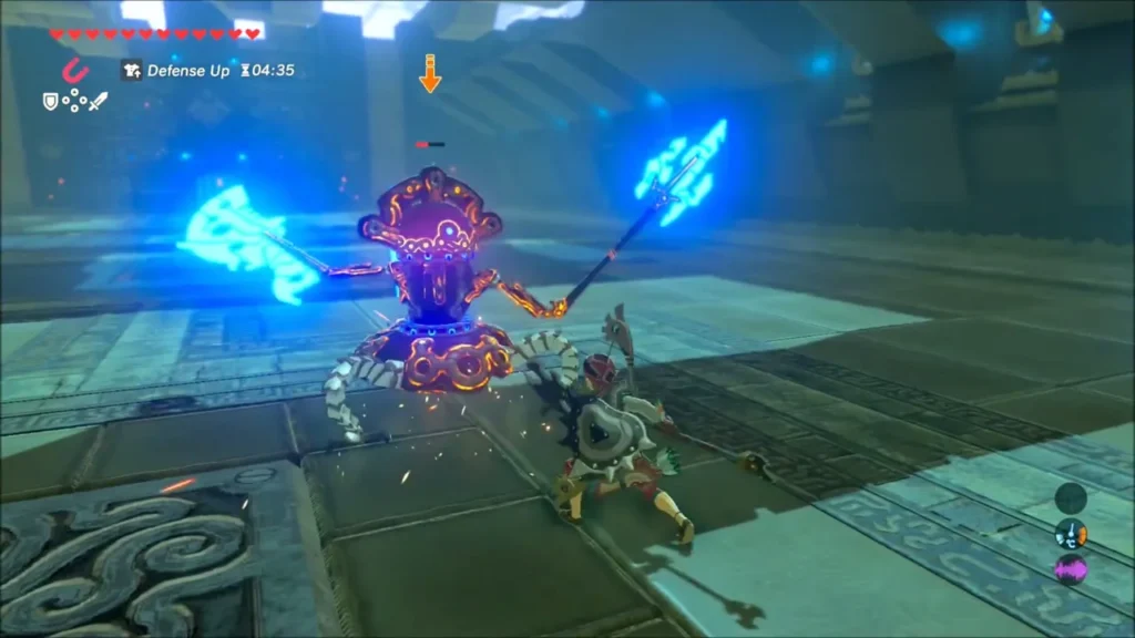 Link fighting the Guardian Scout up close as sparks fly