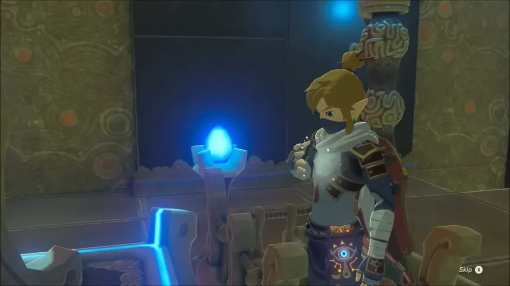 Link beside the glowing shrine altar as the monk speaks Link beside the glowing shrine altar as the monk speaks