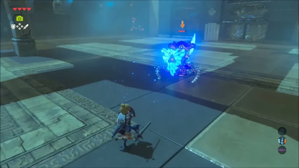 Guardian Scout stunned and glowing blue while Link readies his bow Guardian Scout stunned and glowing blue while Link readies his bow
