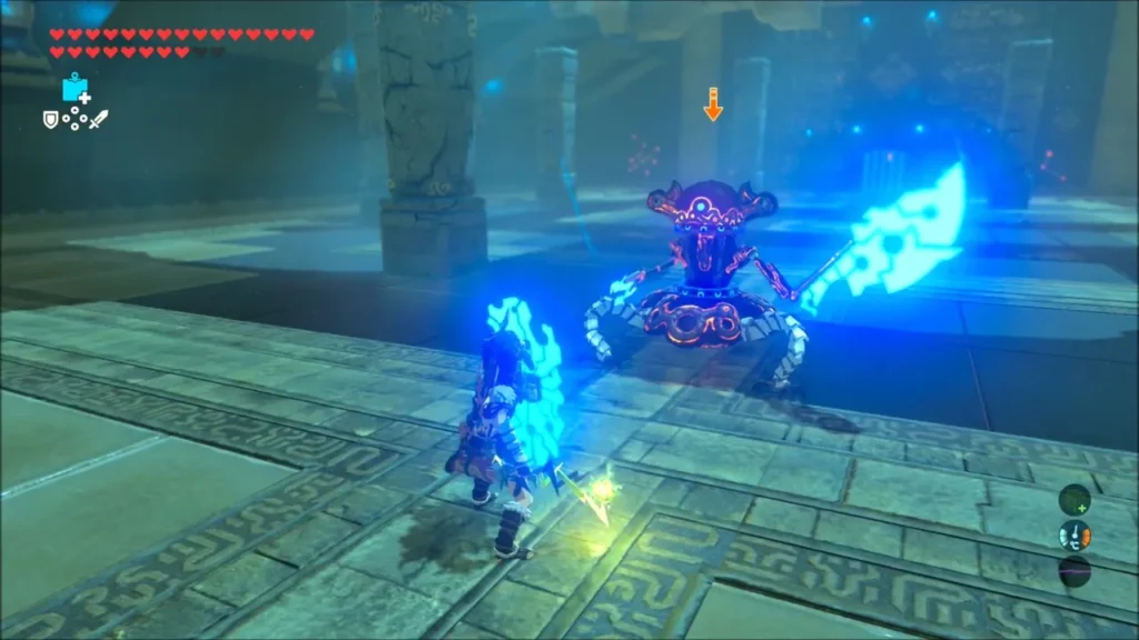 Link circling the Guardian Scout in the Namika Ozz Shrine arena Link circling the Guardian Scout in the Namika Ozz Shrine arena