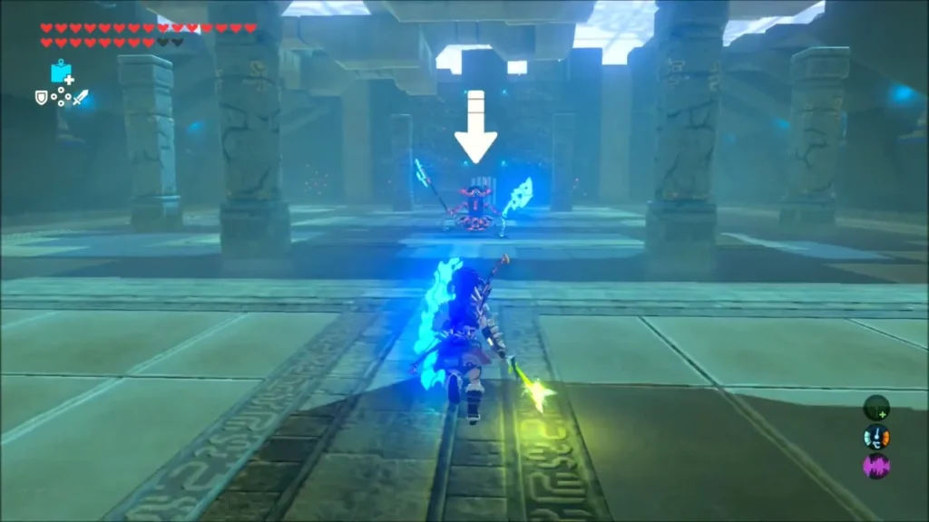 Link rushing toward the Guardian Scout III across the shrine floor Link rushing toward the Guardian Scout III across the shrine floor
