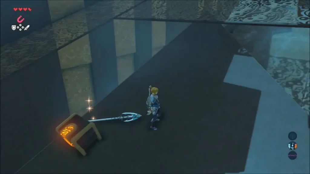 Opened chest with the Zora Spear sparkling beside Link Opened chest with the Zora Spear sparkling beside Link