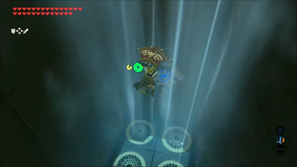 Link riding a gust of wind up past platforms in Noe Rajee Shrine Link riding a gust of wind up past platforms in Noe Rajee Shrine