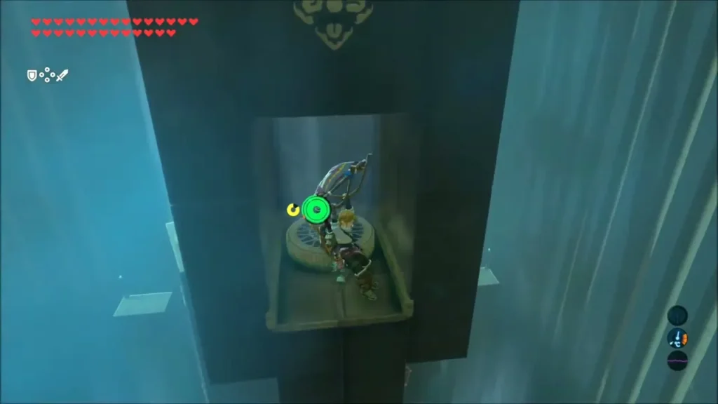 Link standing in a wall alcove on a gust-lifted platform in Noe Rajee Shrine Link standing in a wall alcove on a gust-lifted platform in Noe Rajee Shrine