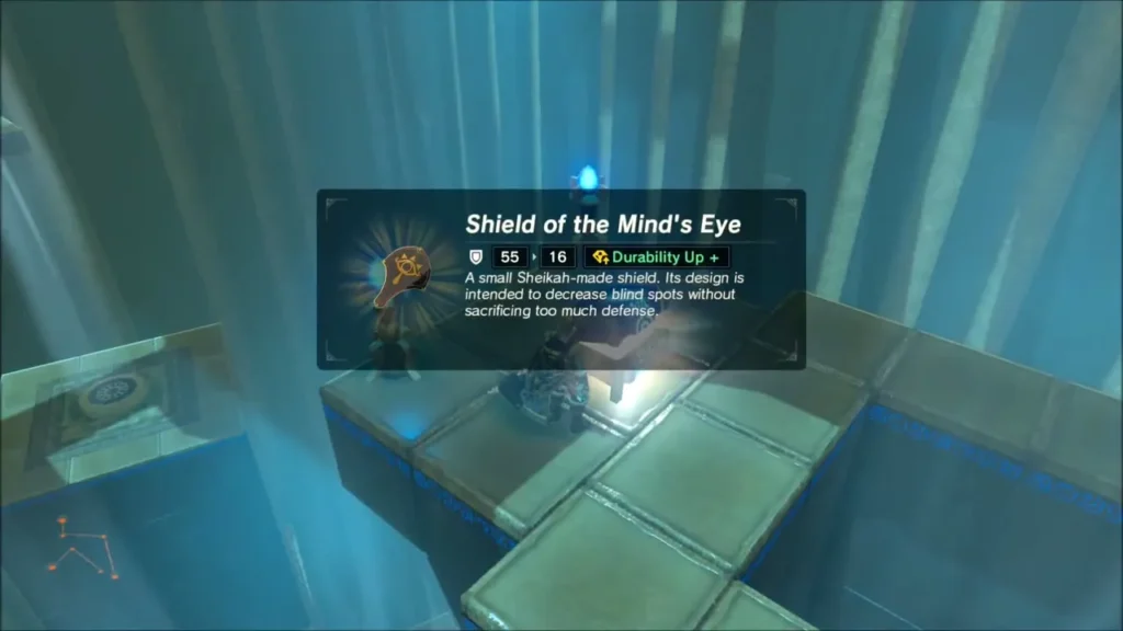 Link picking up the Shield of the Mind's Eye on a high platform Link picking up the Shield of the Mind's Eye on a high platform