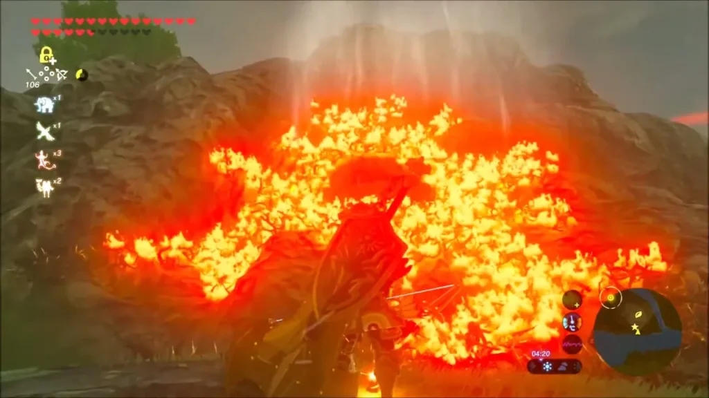 Link setting the thorns on fire with a flame arrow near the island rock Link setting the thorns on fire with a flame arrow near the island rock