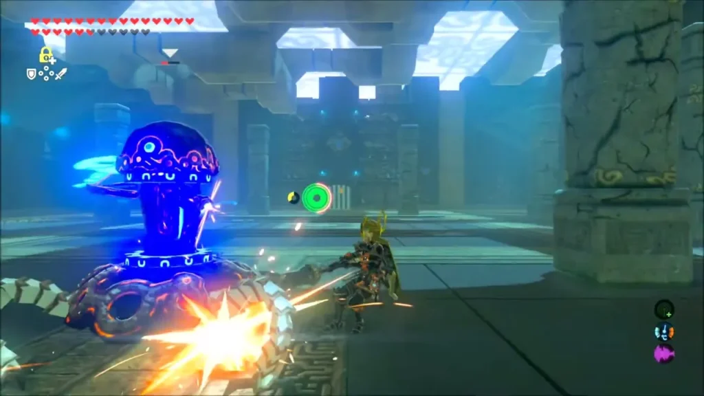 Link striking the Guardian Scout as it swings its axe Link striking the Guardian Scout as it swings its axe