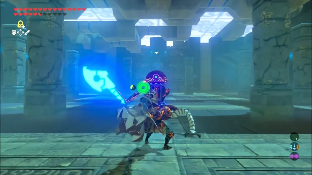 Link facing the Guardian Scout's glowing Ancient Battle Axe Link facing the Guardian Scout's glowing Ancient Battle Axe