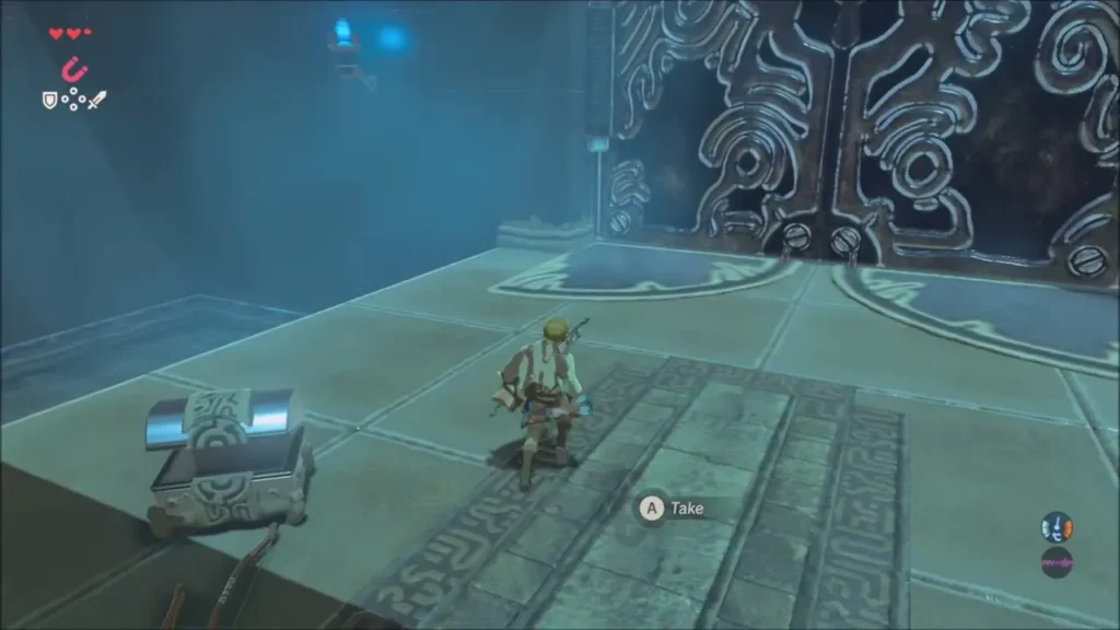 Opened chest beside Link in front of the large metal doors Opened chest beside Link in front of the large metal doors