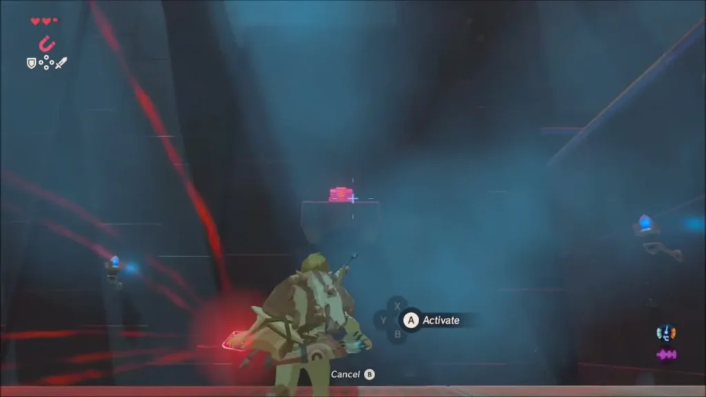 Link locking Magnesis onto a metal chest on a high ledge Link locking Magnesis onto a metal chest on a high ledge