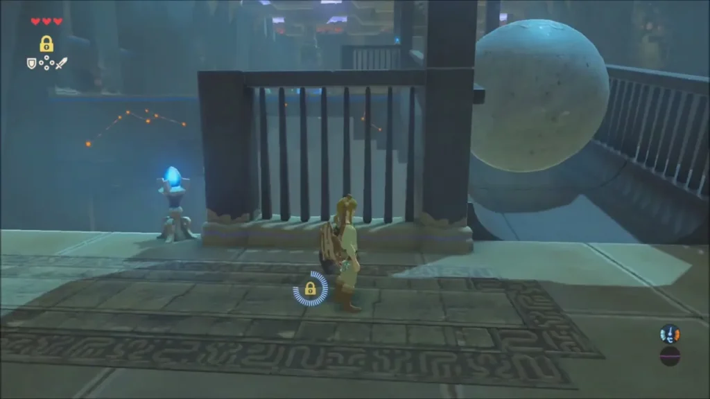 Link standing before a large boulder beside a railed bridge in Owa Daim Shrine Link standing before a large boulder beside a railed bridge in Owa Daim Shrine