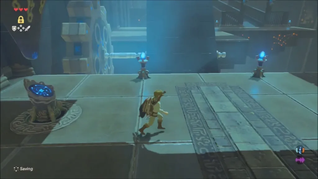 Link beside the Stasis pedestal facing the platform and gear ahead Link beside the Stasis pedestal facing the platform and gear ahead