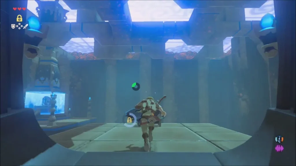 Link running up the ramp beside a held boulder Link running up the ramp beside a held boulder